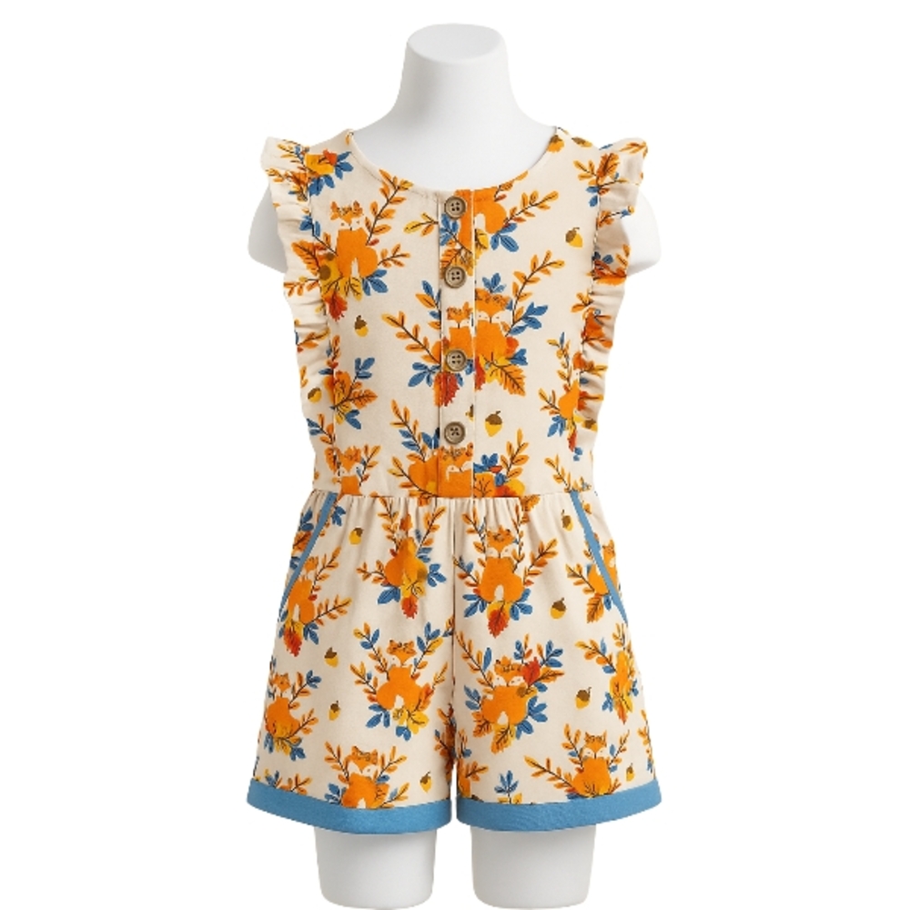 Eleanor Rose Orange and Blue Floral Kids Romper Fall Size 12 Romper Pockets